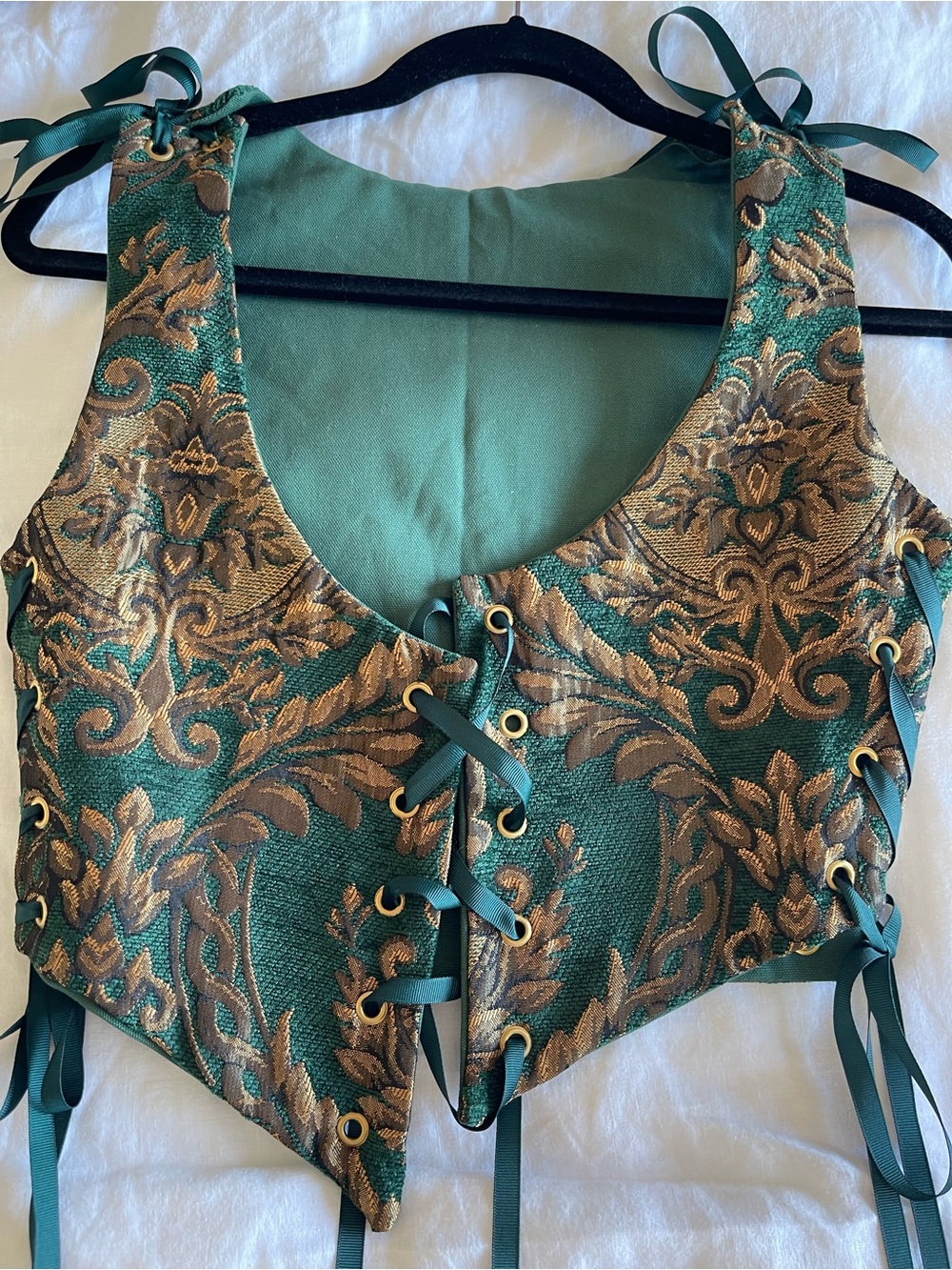 Women’s Green and Gold Brocade Lace-Up Vest